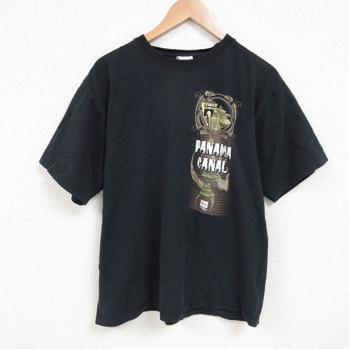 XL★古着 半袖 Tシャツ メンズ パナマ コットン クルーネック 黒 ブラック 25jun05 中古