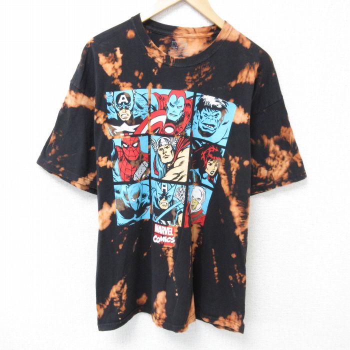 XL★古着 半袖 Tシャツ メンズ マーベル スパイダーマン アイアンマン コットン クルーネック 黒他 ブラック ブリーチ加工 25may24 中古