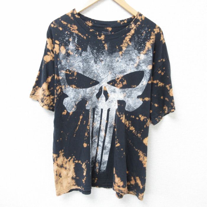L★古着 半袖 Tシャツ メンズ マーベル パニッシャー コットン クルーネック 黒他 ブラック ブリーチ加工 25may24 中古