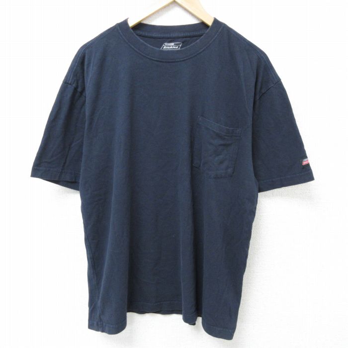 L★古着 ディッキーズ Dickies 半袖 Tシャツ メンズ 無地 胸ポケット付き コットン クルーネック 紺 ネイビー 25may24 中古