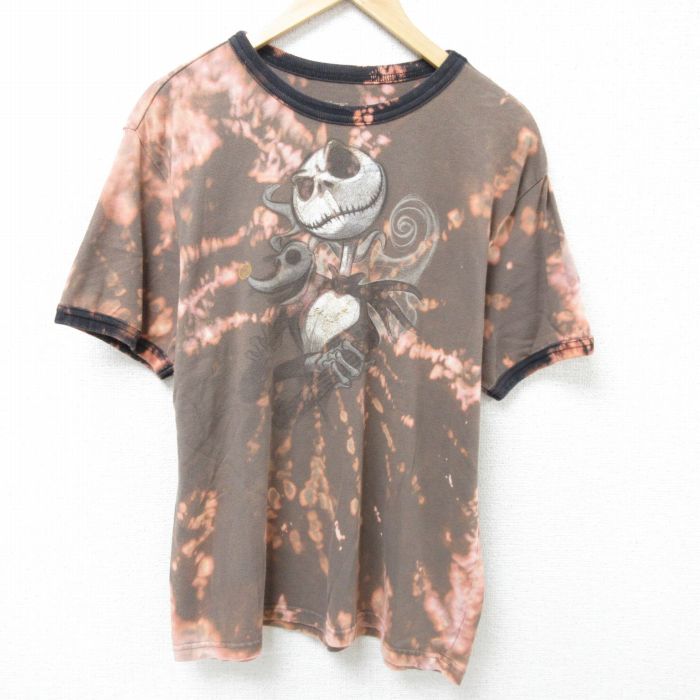 L★古着 半袖 Tシャツ メンズ ディズニー DISNEY ナイトメアビフォアクリスマス コットン クルーネック こげ茶他 ブラウン ブリーチ加工 25may24 中古