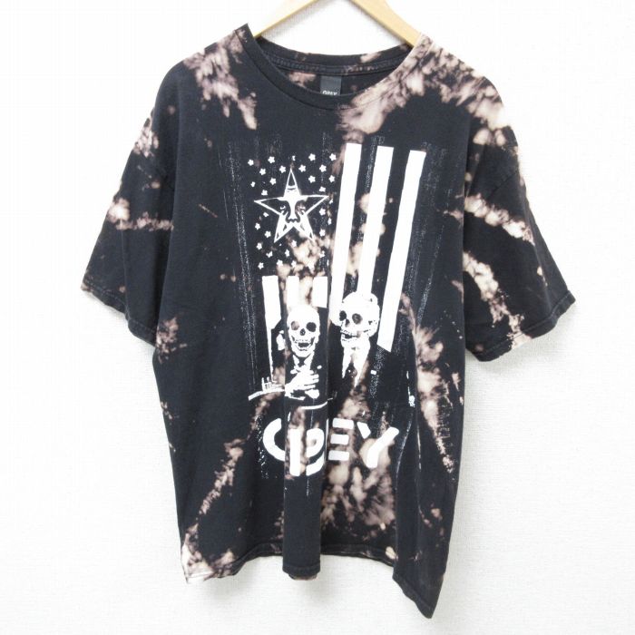 XL★古着 オベイ OBEY 半袖 Tシャツ メンズ ビッグロゴ スケルトン コットン クルーネック 黒他 ブラック ブリーチ加工 25may24 中古