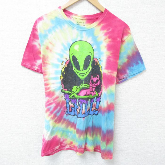 M★古着 半袖 Tシャツ メンズ エイリアン CHILL コットン クルーネック 濃ピンク他 タイダイ 25may24 中古