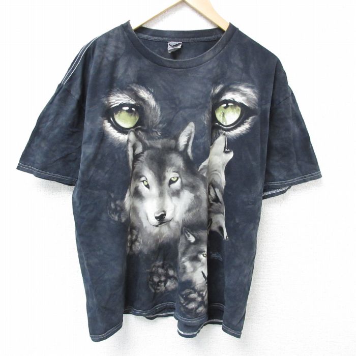 XL★古着 半袖 Tシャツ メンズ オオカミ 大きいサイズ コットン クルーネック 黒他 ブラック タイダイ 25may24 中古