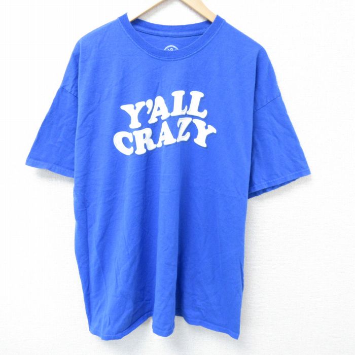 XL★古着 半袖 Tシャツ メンズ YALL CRAZY 大きいサイズ コットン クルーネック 青 ブルー 25may24 中古