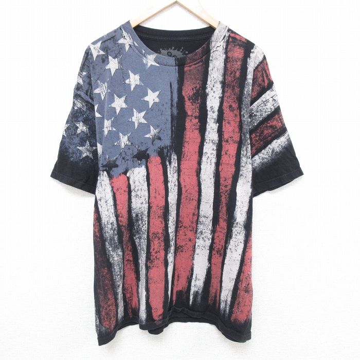 XL★古着 半袖 Tシャツ メンズ 星条旗 大きいサイズ コットン クルーネック 黒 ブラック 25may24 中古