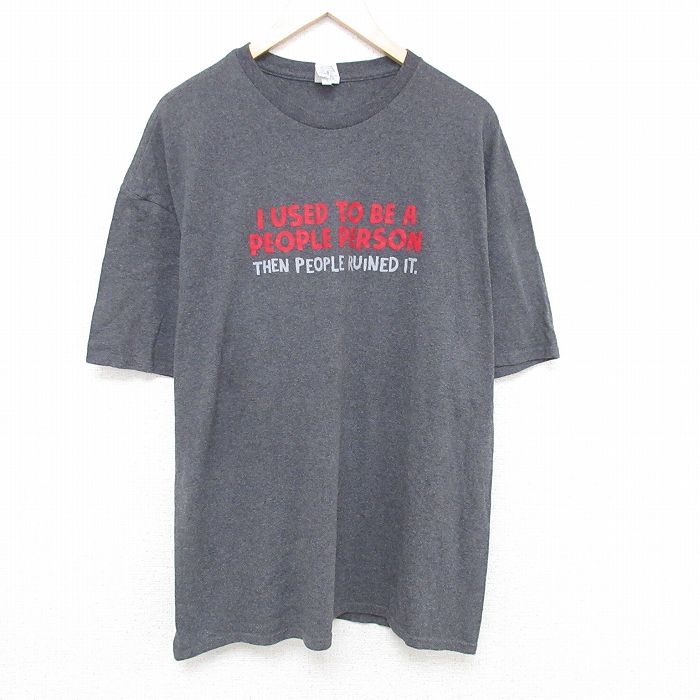 XL★古着 半袖 Tシャツ メンズ メッセージ 大きいサイズ クルーネック グレー 霜降り 25may24 中古