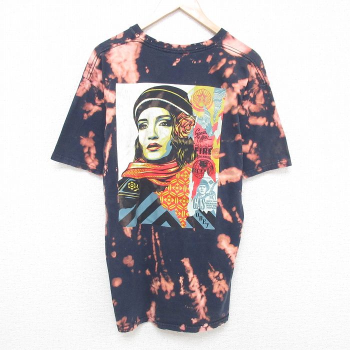 XL★古着 オベイ OBEY 半袖 Tシャツ メンズ 女性 大きいサイズ コットン クルーネック 黒他 ブラック ブリーチ加工 25may24 中古