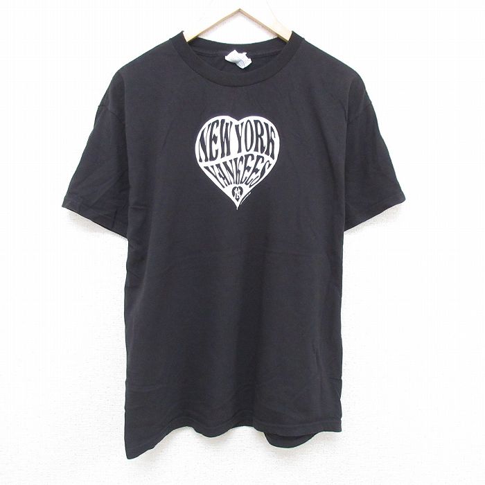 XL★古着 半袖 Tシャツ メンズ MLB ニューヨークヤンキース 大きいサイズ コットン クルーネック 黒 ブラック メジャーリーグ ベースボール 野球 25may24 中古