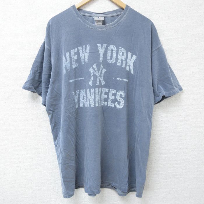 XL★古着 半袖 Tシャツ メンズ MLB ニューヨークヤンキース 大きいサイズ コットン クルーネック 薄紺 ネイビー メジャーリーグ ベースボール 野球 25may26 中古