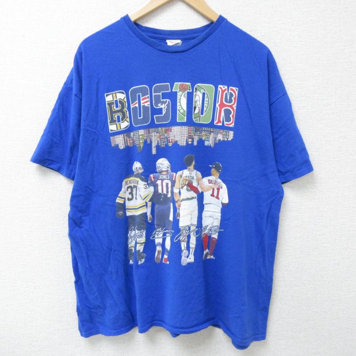 XL★古着 半袖 Tシャツ メンズ ボストン スポーツ選手 大きいサイズ コットン クルーネック 青 ブルー 25may26 中古
