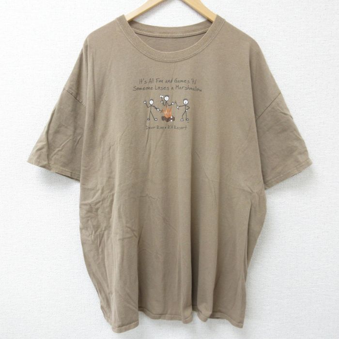 XL★古着 半袖 Tシャツ メンズ 焚火 棒人間 大きいサイズ クルーネック 茶 ブラウン 25may26 中古