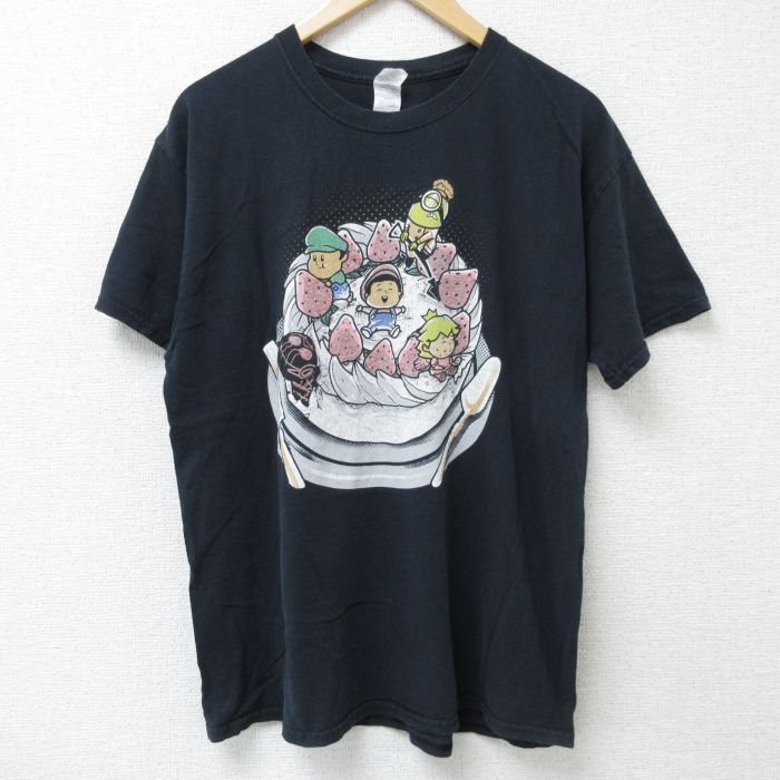 L★古着 半袖 Tシャツ メンズ ミニオン ショートケーキ コットン クルーネック 黒 ブラック 25may26 中古