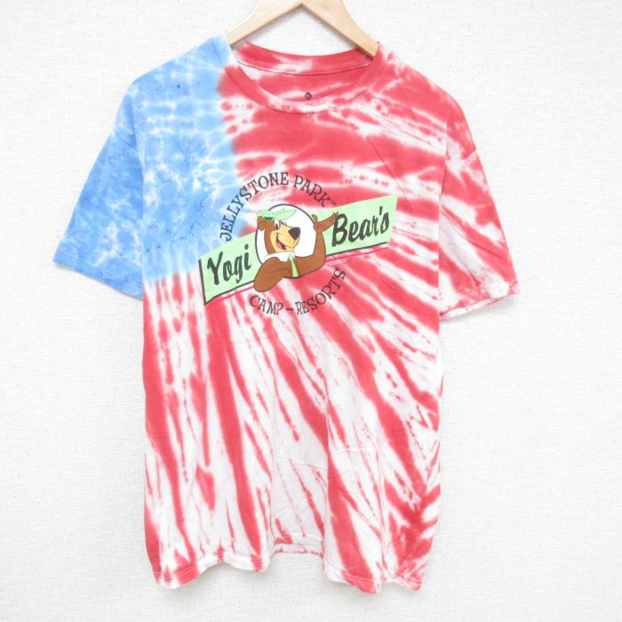 XL★古着 半袖 Tシャツ メンズ ヨギベア 大きいサイズ コットン クルーネック 赤他 レッド タイダイ 25may26 中古