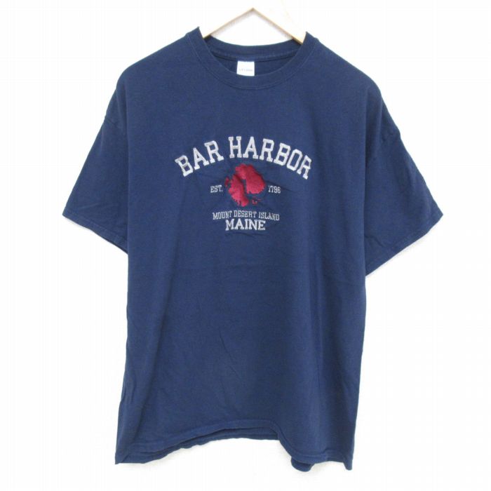 XL★古着 半袖 Tシャツ メンズ バーハーバー 刺繍 コットン クルーネック 紺 ネイビー 25may26 中古
