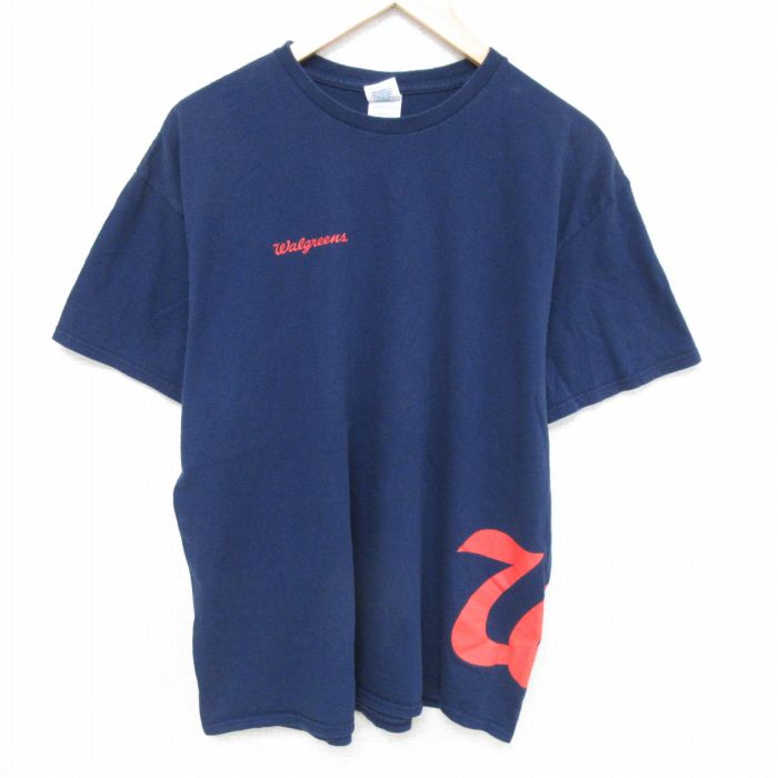 【50%OFF】XL★古着 半袖 Tシャツ メンズ ウォルグリーン コットン クルーネック 紺 ネイビー 25may26 中古