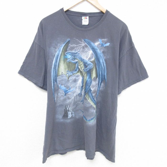 【50%OFF】XL★古着 フルーツオブザルーム 半袖 Tシャツ メンズ ドラゴン 大きいサイズ コットン クルーネック 濃グレー 25may26 中古