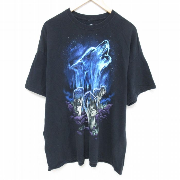 XL★古着 半袖 Tシャツ メンズ オオカミ 大きいサイズ コットン クルーネック 黒 ブラック 25may26 中古