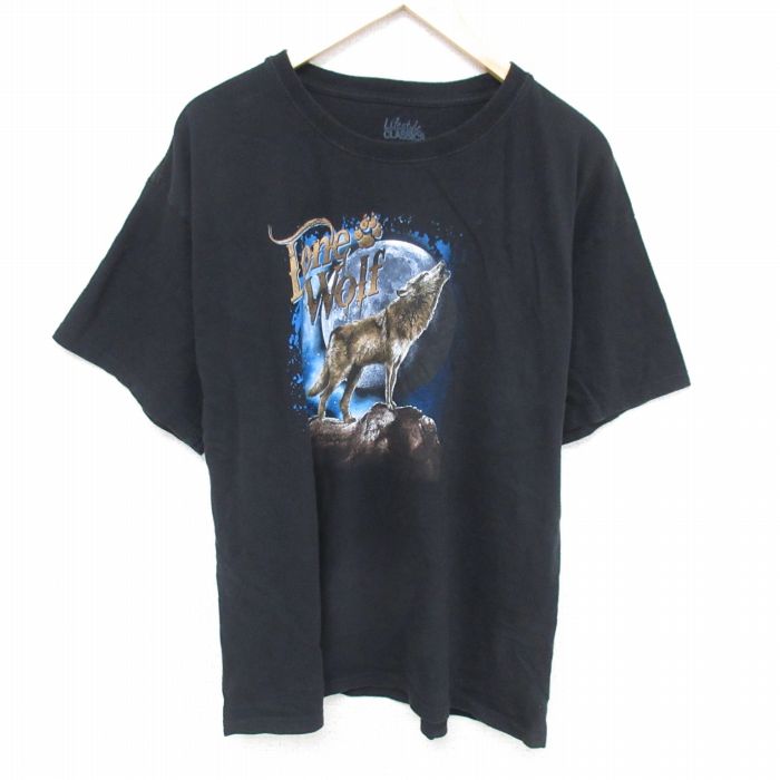 XL★古着 半袖 Tシャツ メンズ オオカミ コットン クルーネック 黒 ブラック 25may26 中古