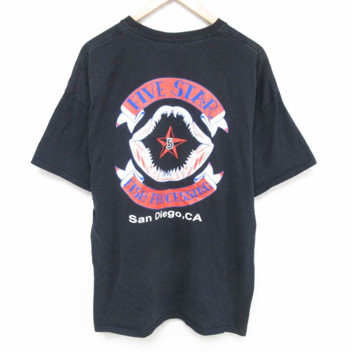 【50%OFF】XL★古着 半袖 Tシャツ メンズ 唇 星 胸ポケット付き 大きいサイズ コットン クルーネック 黒 ブラック 25may26 中古