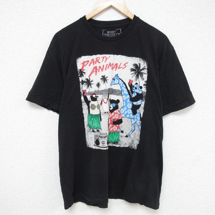 XL★古着 半袖 Tシャツ メンズ クマ コットン クルーネック 黒 ブラック 25jun06 中古