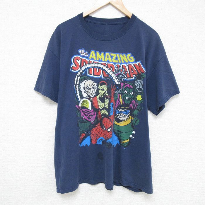 XL★古着 半袖 Tシャツ メンズ スパイダーマン 大きいサイズ クルーネック 紺 ネイビー 25jun06 中古