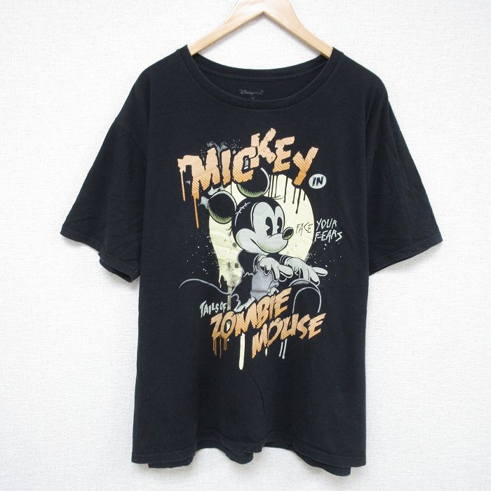 XL★古着 半袖 Tシャツ メンズ ディズニー DISNEY ミッキー MICKEY MOUSE 大きいサイズ コットン クルーネック 黒 ブラック 25jun06 中古