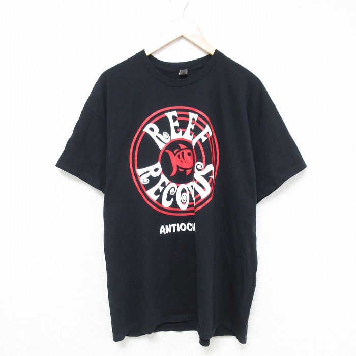 【20%OFF】XL★古着 半袖 Tシャツ メンズ 魚 コットン クルーネック 黒 ブラック 25may27 中古