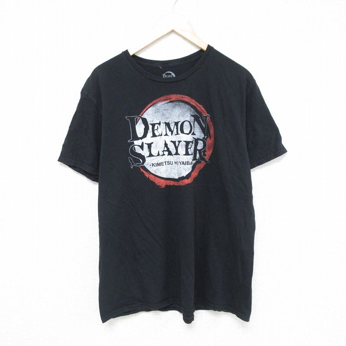 【20%OFF】XL★古着 半袖 Tシャツ メンズ アニメ 鬼滅の刃 コットン クルーネック 黒 ブラック 25may27 中古