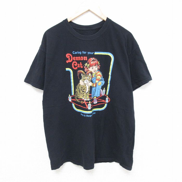 XL★古着 半袖 Tシャツ メンズ デーモンキャット クルーネック 黒 ブラック 25may27 中古