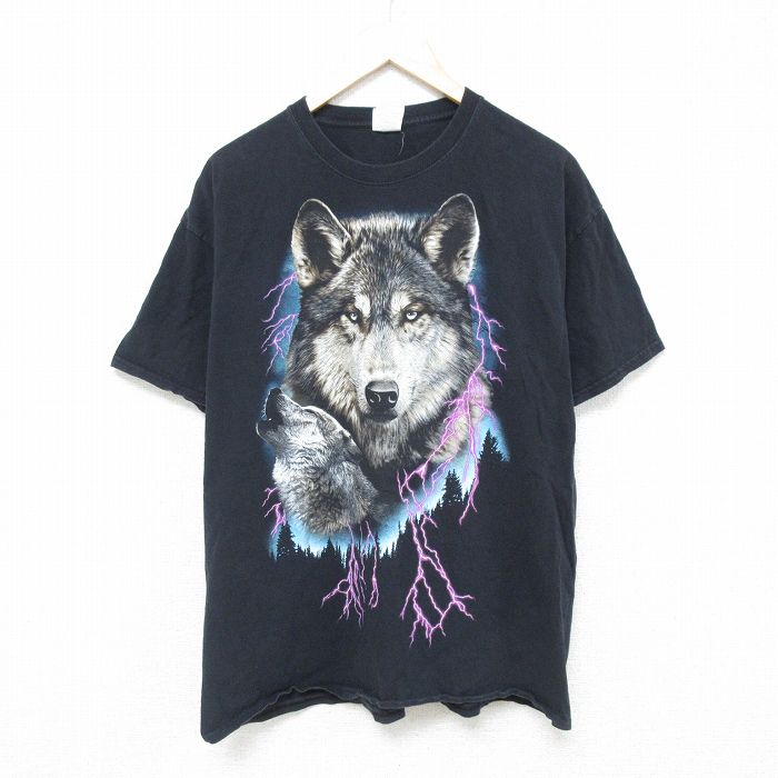 XL★古着 フルーツオブザルーム 半袖 Tシャツ メンズ オオカミ コットン クルーネック 黒 ブラック 25may27 中古