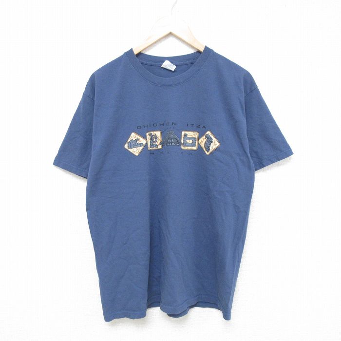 L★古着 半袖 Tシャツ メンズ チチェンイッツァ コットン クルーネック 薄紺 ネイビー 25may27 中古