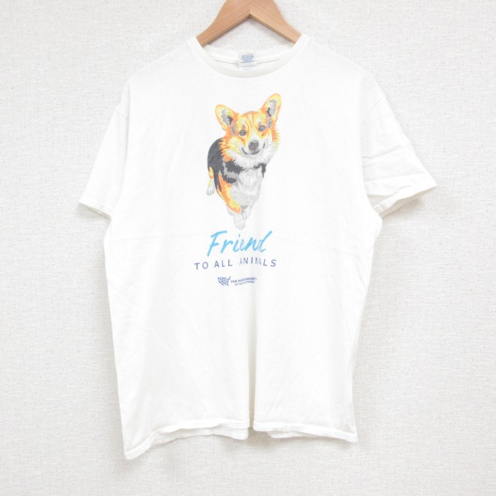 L★古着 半袖 Tシャツ メンズ 犬 コットン クルーネック 白 ホワイト 25jun06 中古