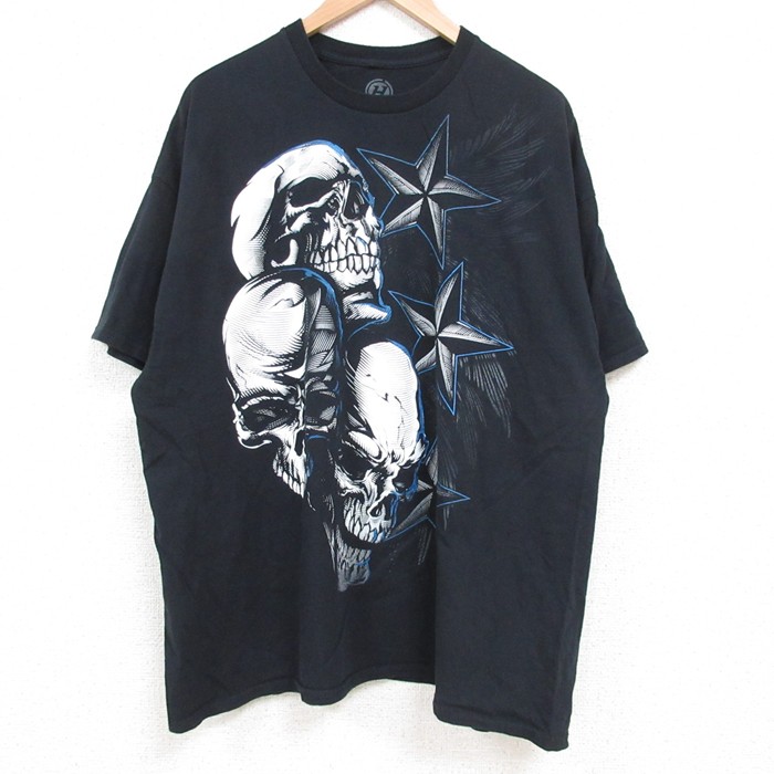 【20%OFF】XL★古着 半袖 Tシャツ メンズ スカル 大きいサイズ コットン クルーネック 黒 ブラック 25jun06 中古
