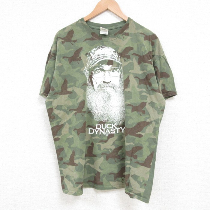 XL★古着 半袖 Tシャツ メンズ ダックダイナスティ コットン クルーネック 薄緑 グリーン 迷彩 25jun06 中古