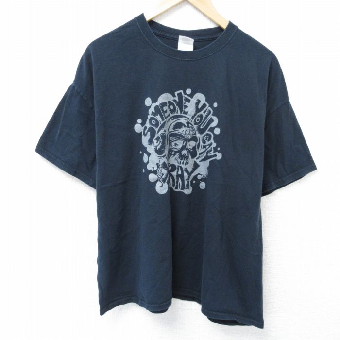【20%OFF】XL★古着 半袖 Tシャツ メンズ スカル コットン クルーネック 紺 ネイビー 25jun07 中古