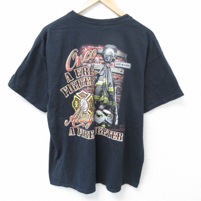 XL★古着 半袖 Tシャツ メンズ 消防服 大きいサイズ コットン クルーネック 黒 ブラック 25jun07 中古