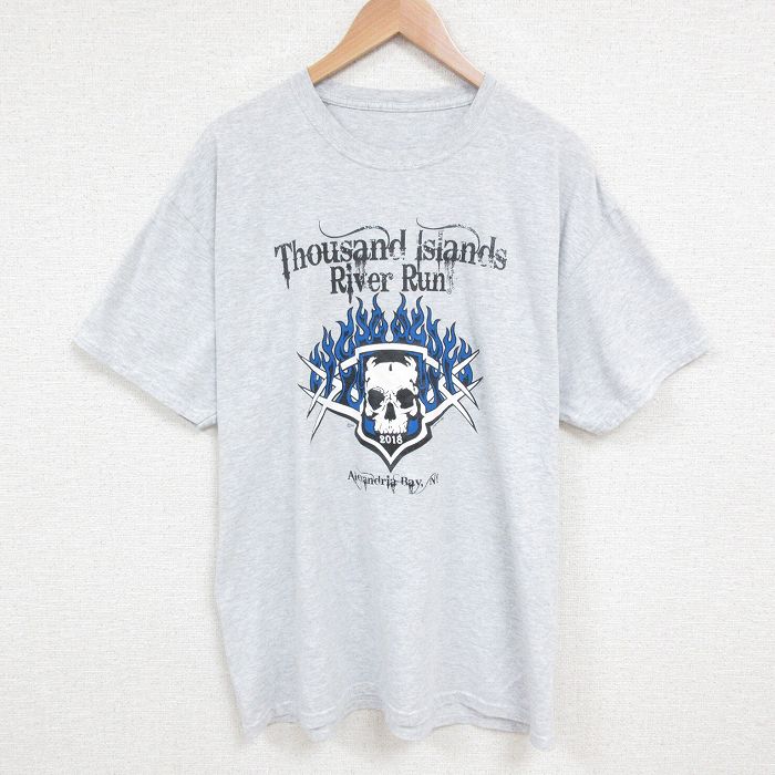 XL★古着 半袖 Tシャツ メンズ スカル 企業広告 クルーネック 薄グレー 霜降り 25jun07 中古