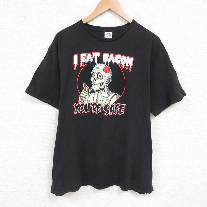 XL★古着 半袖 Tシャツ メンズ ベーコン コットン クルーネック 黒 ブラック 25jun07 中古