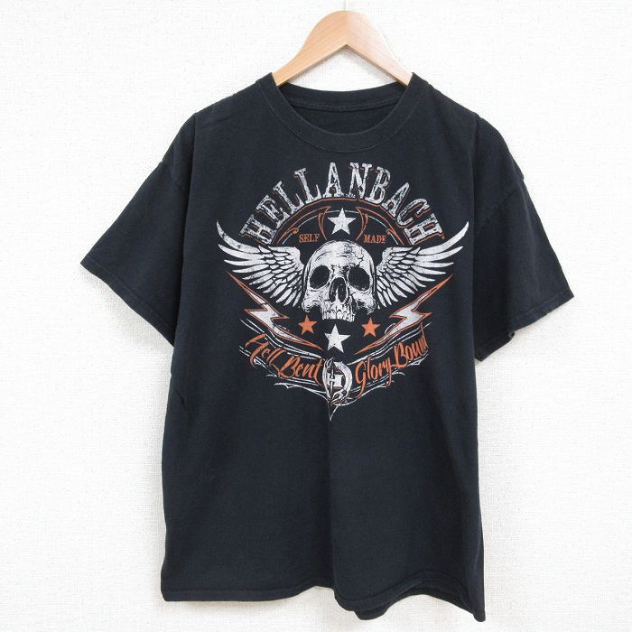 XL★古着 半袖 Tシャツ メンズ スカルウィング クルーネック 黒 ブラック 25jun07 中古