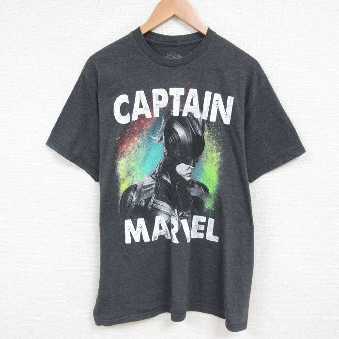 XL★古着 半袖 Tシャツ メンズ キャプテンマーベル クルーネック 濃グレー 霜降り 25jun07 中古