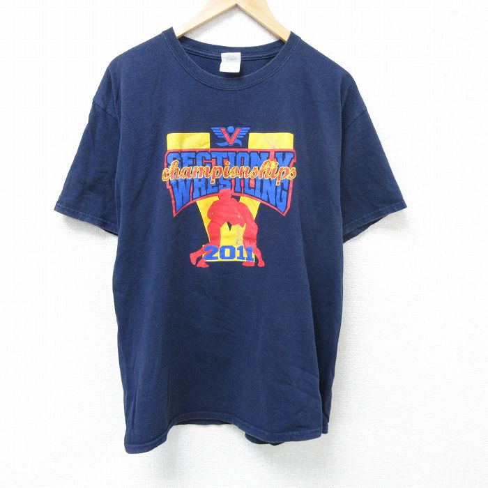 XL★古着 半袖 Tシャツ メンズ レスリング コットン クルーネック 紺 ネイビー 25jun07 中古