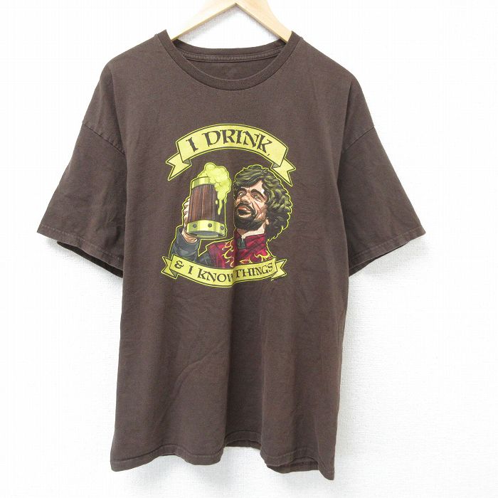 XL★古着 半袖 Tシャツ メンズ ドリンク 大きいサイズ コットン クルーネック 茶 ブラウン 25jun07 中古