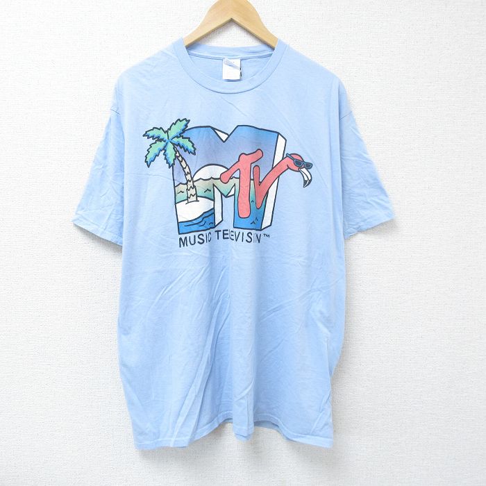 XL★古着 半袖 Tシャツ メンズ MTV 大きいサイズ コットン クルーネック 水色 25jun07 中古