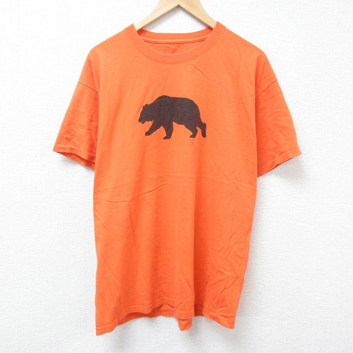 XL★古着 半袖 Tシャツ メンズ クマ 大きいサイズ コットン クルーネック オレンジ 25jun07 中古
