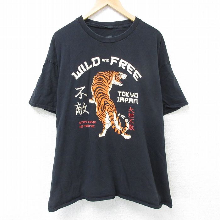 XL★古着 半袖 Tシャツ メンズ トラ 大きいサイズ コットン クルーネック 黒 ブラック 25jun07 中古