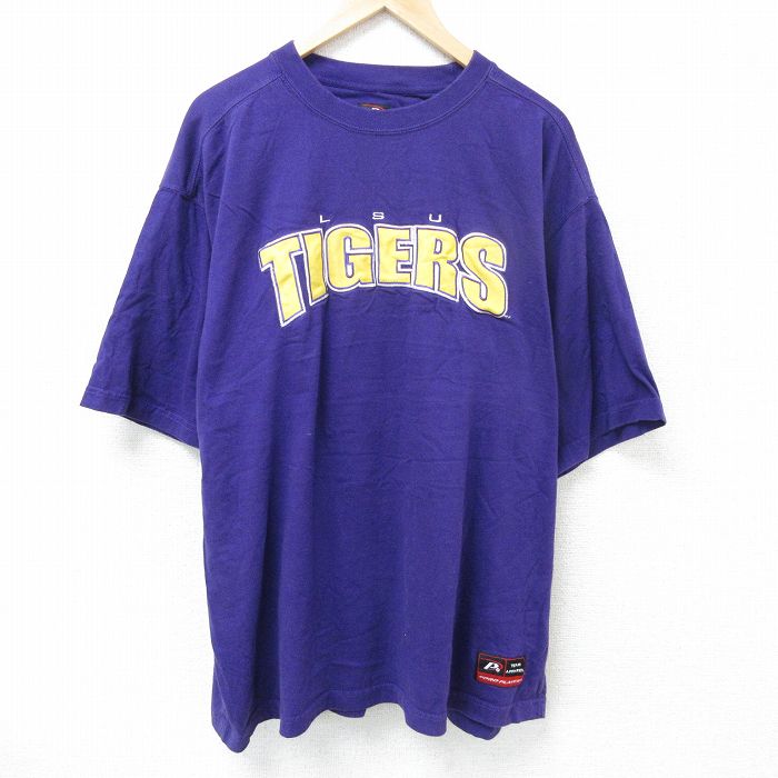 XL★古着 半袖 Tシャツ メンズ タイガース 刺繍 大きいサイズ ロング丈 コットン クルーネック 紫 パープル 25jun07 中古