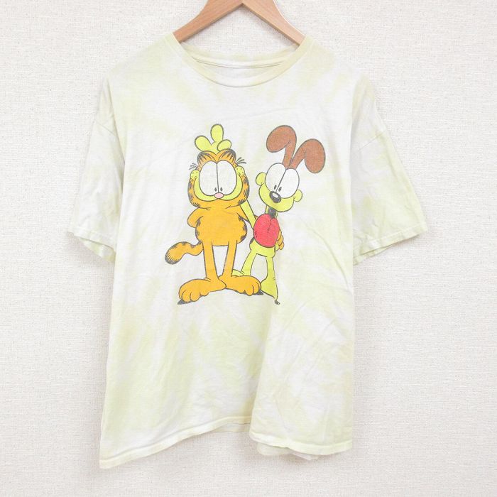【50%OFF】XL★古着 半袖 Tシャツ メンズ ガーフィールド 大きいサイズ コットン クルーネック 薄黄他 イエロー タイダイ 25jun07 中古