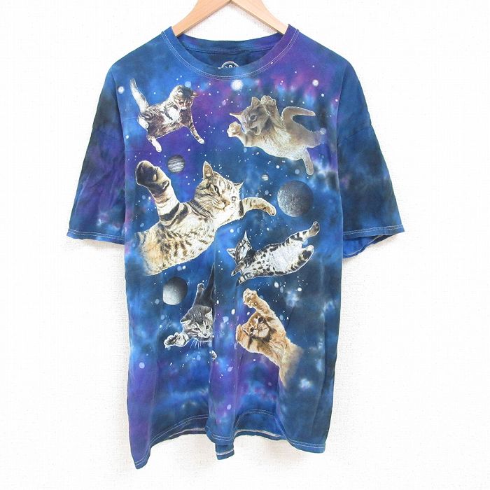 XL★古着 半袖 Tシャツ メンズ ネコ 大きいサイズ コットン クルーネック 紺他 ネイビー タイダイ 25jun07 中古