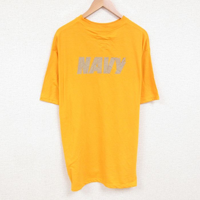 XL★古着 半袖 Tシャツ メンズ ミリタリー ネイビー NAVY リフレクター 大きいサイズ ロング丈 コットン クルーネック USA製 濃黄 イエロー 25jun07 中古